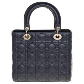 Christian Dior-Splendid Christian Dior - Lady Dior MM handbag in navy blue leather cannage, Garniture en métal argenté, New condition-Navy blue