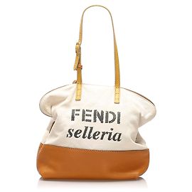 Fendi White Selleria Canvas Tote Braun Weiß Roh
