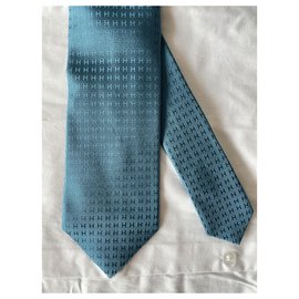 Hermès-Corbata Façonnée H-Azul,Verde claro