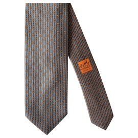 Hermès-Hermès Krawatte “Eliane Equestre”-Orange,Grau