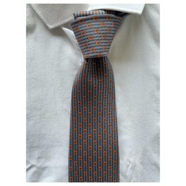 Hermès-Hermès Tie “Eliane Equestre”-Orange,Grey