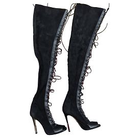Botas de coxa Balmain Campbell com cordões de couro com acabamento em camurça elástica Preto
