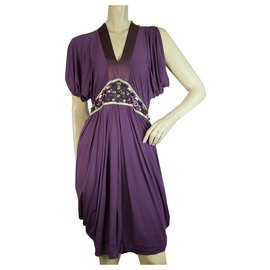 Pinko-Pinko Purple Draped Empire Waist Beads Sequins Sleeveless Knee Dress sz L-Purple