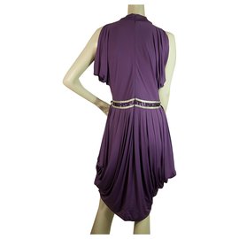 Pinko-Pinko Purple Draped Empire Waist Beads Sequins Sleeveless Knee Dress sz L-Purple