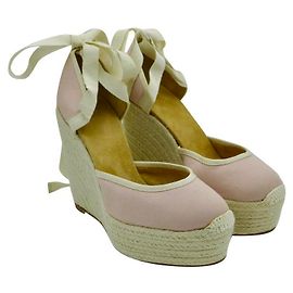 Hermès Pink and Beige Canvas Platform Wedge Espadrilles Pink