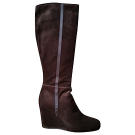 PRADA BROWN SUEDE WEDGE BOOTS Brown