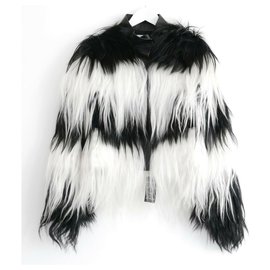 Valentino-Black/White Stripe Mongolian Goat Fur & Leather Coat-Black