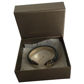 Bulgari Bvlgari Leather Gold Plated Open Cuff Bracelet Other
