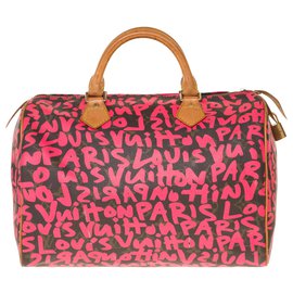 Louis Vuitton-Seltene Louis Vuitton Speedy Handtasche 30 limitierte Auflage "Graffiti" von Stephen Sprouse-Braun,Pink