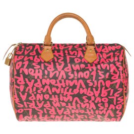 Louis Vuitton-Seltene Louis Vuitton Speedy Handtasche 30 limitierte Auflage "Graffiti" von Stephen Sprouse-Braun,Pink