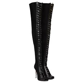Balmain Campbell lace-up leather-trimmed stretch-suede thigh boots Black