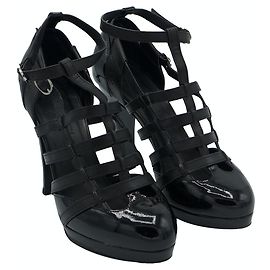 Chanel Multi Strap Patent Leather Sandals Black Black