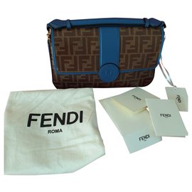 Fendi-FENDI - Borsa a tracolla FF Baguette foderata in pelle - Logo marrone / pelle blu-Blu