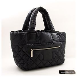 CHANEL Coco Cocoon PM Nylon Einkaufstasche Handtasche Schwarzes Leder Schwarz