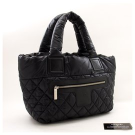 Chanel-CHANEL Coco Cocoon PM Nylon Tote Bag Handbag Black Leather-Black