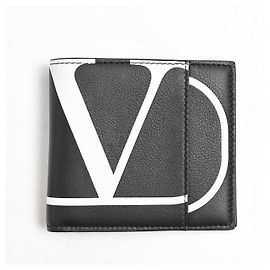VALENTINO GARAVANI Wallet Folded Card Case Calf Leather Genuine Leather Logo Black White