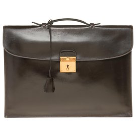 Hermès-Very Elegant Hermès Sac à Dépêches in brown box leather, garniture en métal doré-Brown