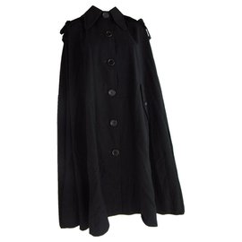 Hanae Mori-Hanae Mori Cape en laine noire avec capuche amovible-Noir