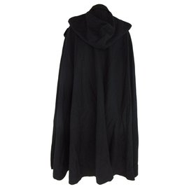 Hanae Mori-Hanae Mori Black Wool Cape Cloak with Detachable Hood-Black