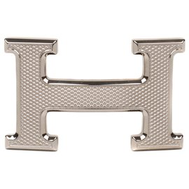 Hermès-Constance "Guillochée" belt buckle in palladium silver metal-Silvery