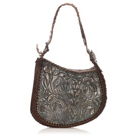 Fendi-Fendi Brown Embossed Oyster Leather Shoulder Bag-Brown,Grey,Dark brown