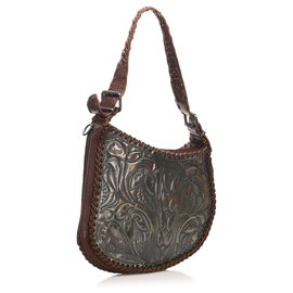 Fendi-Fendi Brown Embossed Oyster Leather Shoulder Bag-Brown,Grey,Dark brown