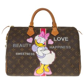 Louis Vuitton-Speedy 40 in monogram coated canvas and custom leather "Minnie's Moods" by artist PatBo-Brown