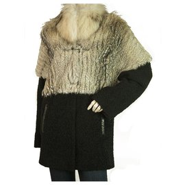 Autre Marque-Jo Peters Beige Fur Black Wool Fabric Coat Jacket size S, Superb-Black,Beige