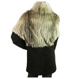 Autre Marque-Veste de manteau en tissu de laine noire avec fourrure beige Jo Peters taille S, Superbe-Noir,Beige