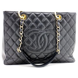 Chanel-CHANEL Caviar GST 13"Grand Shopping Tote Chain Ombro Bolsa Dourada-Preto