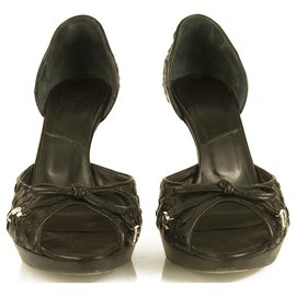 Christian Dior-Zapatos de plataforma de cuero peep toe de cuero cosido negro Christian Dior sz 39-Negro