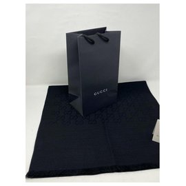 Gucci-GUCCI BLACK SCARF WOOL AND SILK-Black