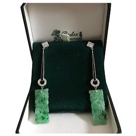 Autre Marque Belles boucles d'oreilles Art Déco en or blanc avec diamants et jade Vert