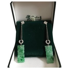 Autre Marque-Beautiful Art Deco earrings white gold with diamonds and jade-Green