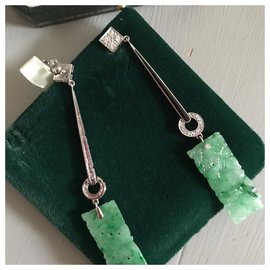 Autre Marque-Beautiful Art Deco earrings white gold with diamonds and jade-Green