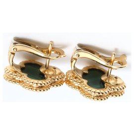 Van Cleef & Arpels-Van Ceef & Arpels 18K Yelow Gold Malachite Alhambra Earrings-Green,Yellow