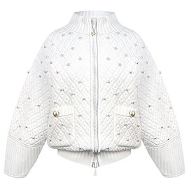 Chanel-Pearls Embellished Bomber Jacket-White