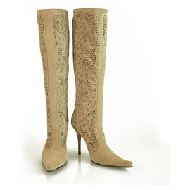 Casadei-Casadei Beige Suede Cut Out High Heels Pointed Toe Back Zip Boots Shoes sz 6-Beige