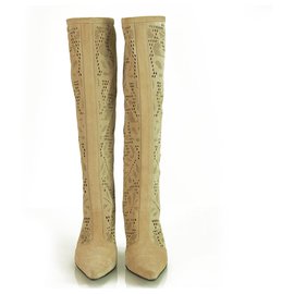 Casadei-Casadei Beige Suede Cut Out Tacchi Alti Punta A Punta Posteriore Zip Stivali Scarpe Tg 6-Beige