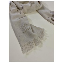 Chanel-Chanel cashmere e estola de seda-Branco