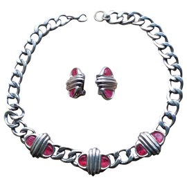 Guy Laroche-Crew neck clip earrings set-Silvery,Pink