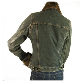 Ventcouvert-Vent Couvert Jeans Blue Denim Jacket w. Fur Cuffs Collar Trim size 3-Blue