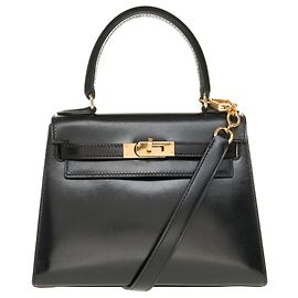Splendida e Rara Mini Kelly di Hermès 20cm con tracolla corta e lunga in pelle box nera, finiture in metallo placcato oro Nero