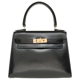 Hermès-Splendida e Rara Mini Kelly di Hermès 20cm con tracolla corta e lunga in pelle box nera, finiture in metallo placcato oro-Nero