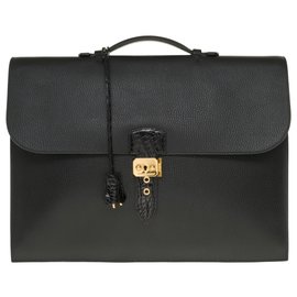 Hermès-Splendid Hermès men's bag Dispatch bag in black togo leather customized with black crocodile-Black