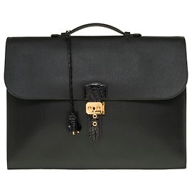Splendida borsa Hermès da uomo Borsa Dispatch in pelle togo nera personalizzata con coccodrillo nero Nero