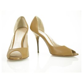Casadei-Casadei Beige Leather Marble Effect High Heels Peep Toe Pumps Shoes size 8-Beige