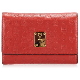 MCM Red Visetos Leather Wallet Red