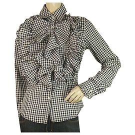 Gaetano Navarra Gaetanonavarra Blau & Weiß Plaid Rüschen Button Down Fitted Shirt Top Blau