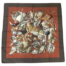 Lenço de seda Hermès cáqui tema de caça H de Linarès Caqui